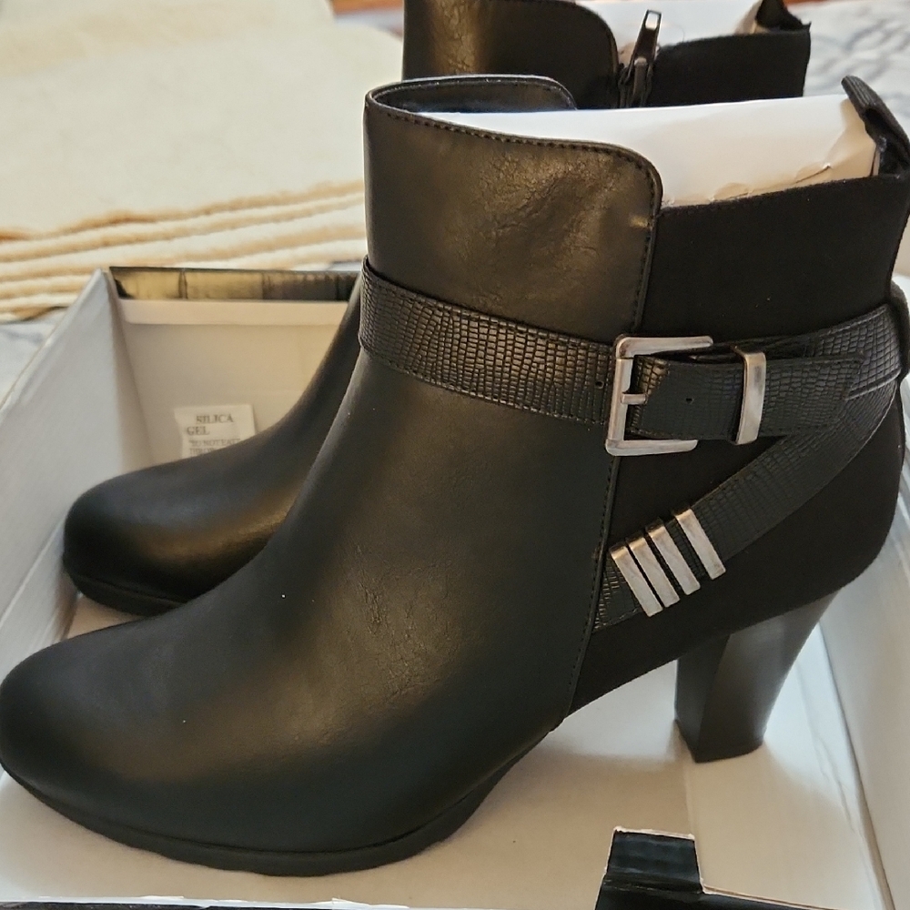 Women's Black Heeled Ankle Boots with Decorative Buckle
